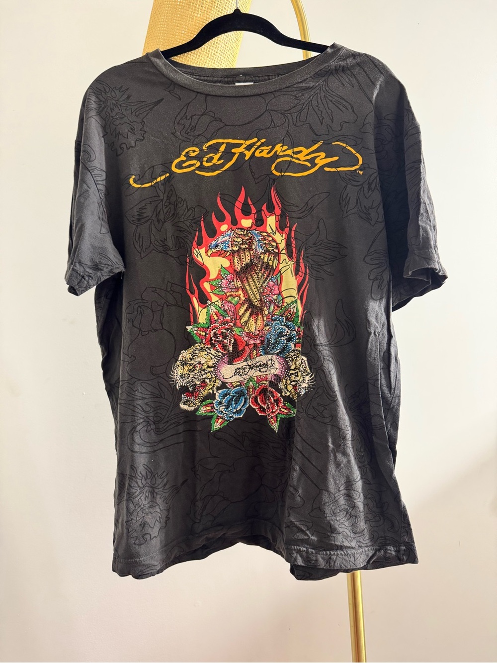 Ed Hardy Black Short-Sleeve Graphic Tee with Multicolor Flame and Floral Design
